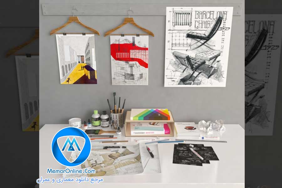 دانلود آبجکت میز کار طراح و نقاش + انواع لوازم التحریر طراحی برای تری دی مکس