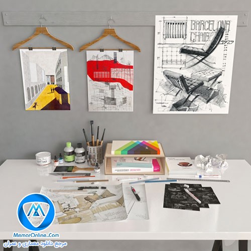 دانلود آبجکت میز کار طراح و نقاش + انواع لوازم التحریر طراحی برای تری دی مکس