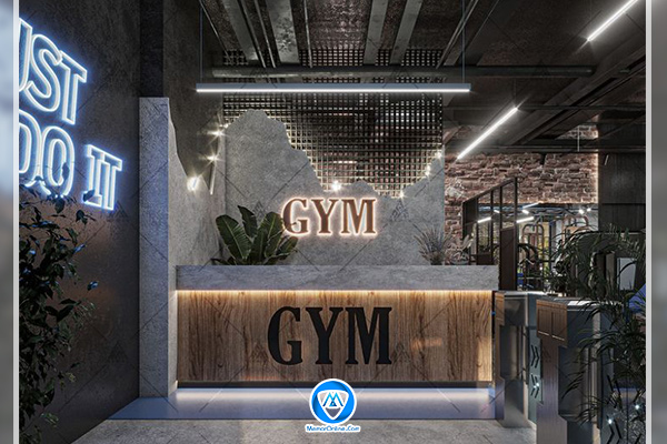 دکوراسیون مدرن بوفه باشگاه بدنسازی با پیشخوان چوبی و استند نوشیدنی