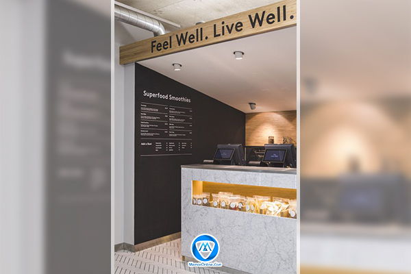 بوفه مدرن باشگاه ورزشی با استایل مینیمالیستی و رنگهای روشن