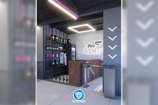 مدل بوفه باشگاه بدنسازی با نورپردازی خطی و دکور مینیمالیستی